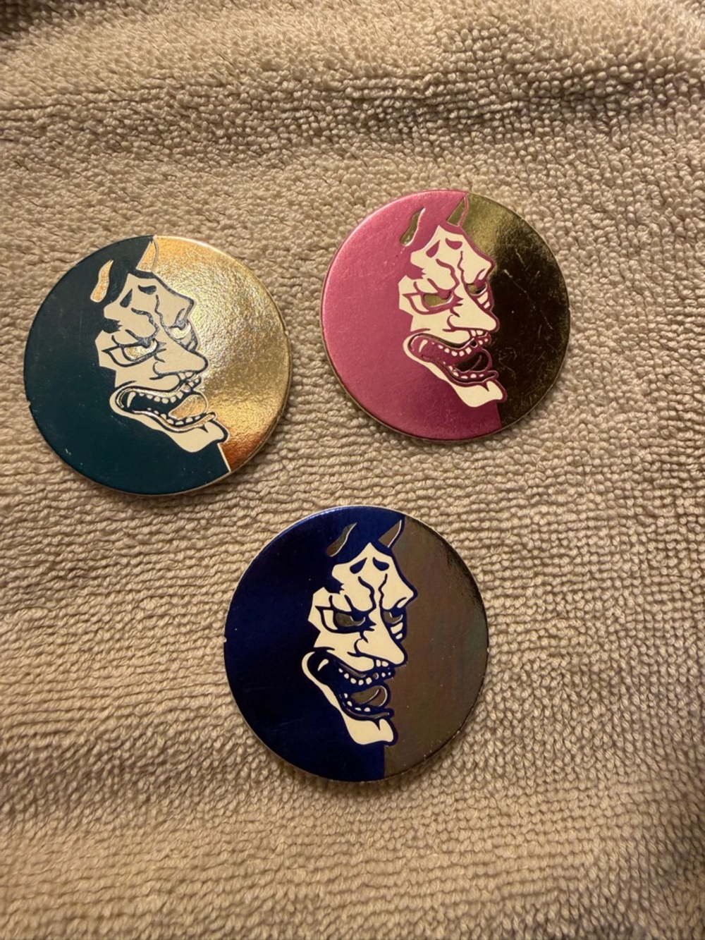 Set of 3 cardboard POGS Discs Hannya Face Pins in Teal, Pink & Blue